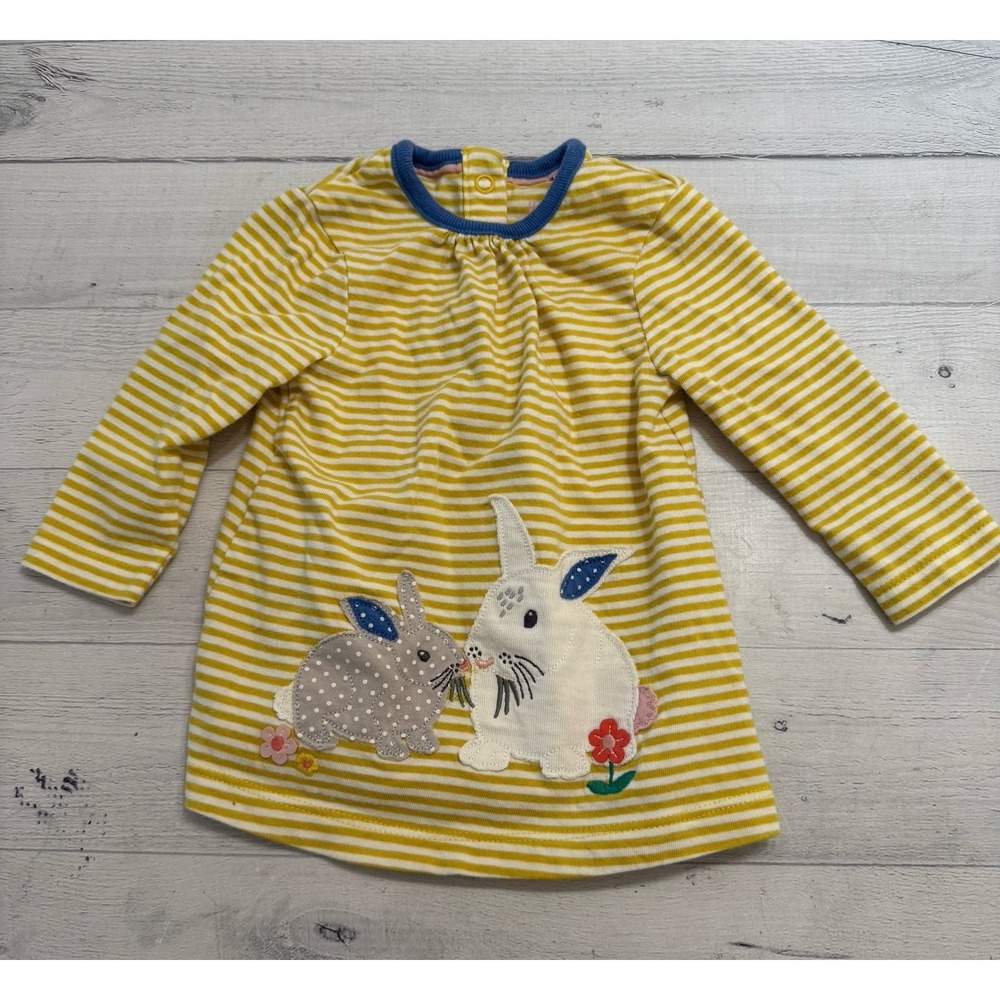 Mini Boden baby girls yellow striped bunny applique tunic‎ top 0-3 months